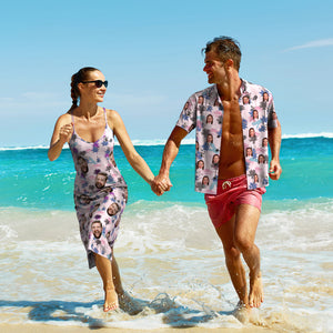 Custom Face Hawaiian Style All Over Print Clouds And Trees Long Dress And Shirt Couple Outfit