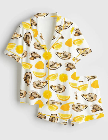 Women’s The World Is Your Oyster Fisherman Style Oyster Shells Orange Print Short Sleeve Satin Pajama Set