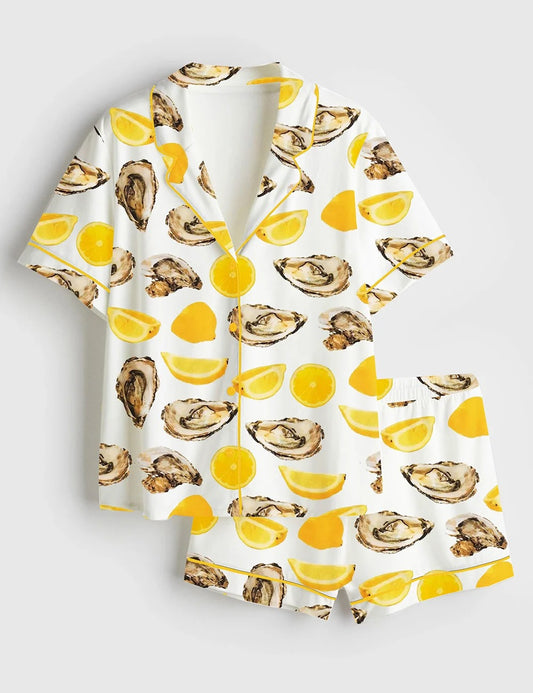 Women’s The World Is Your Oyster Fisherman Style Oyster Shells Orange Print Short Sleeve Satin Pajama Set