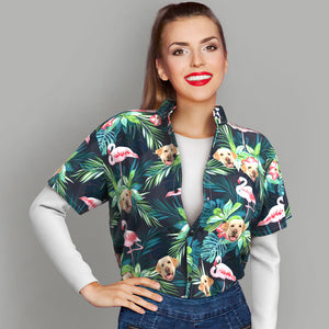 Custom Hawaiian Shirt with Face Custom Dog Face Shirt Leaves & Flamingo Hawaiian Shirts