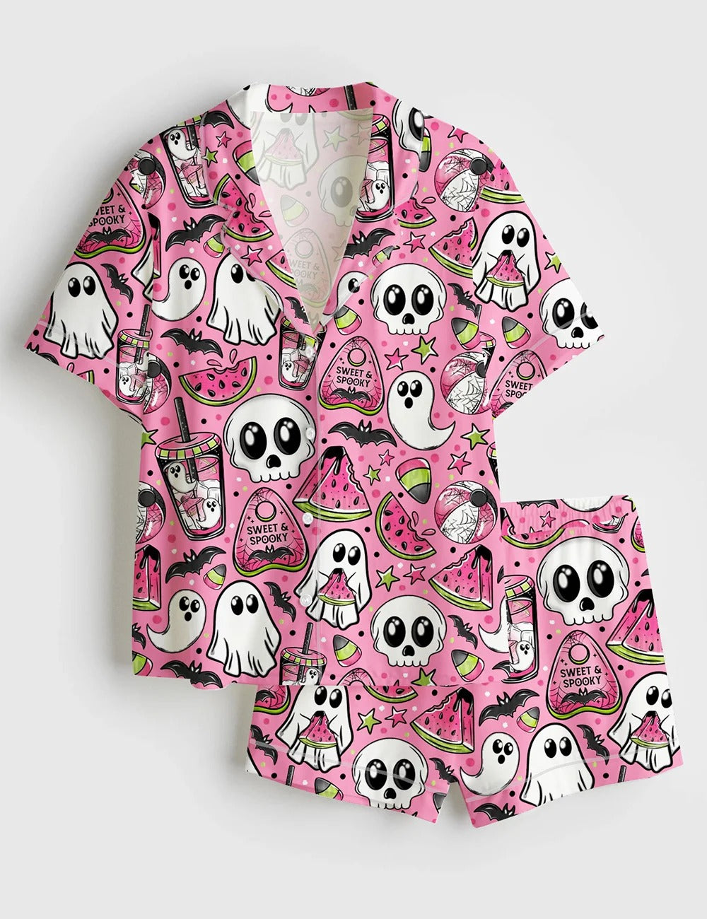 Women’s Spooky Watermelon Summer Ghost Skellie Skeleton Bat Drink Spooky Halloween Print Short Sleeve Satin Pajama Set