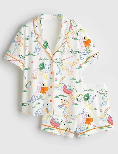 Women’s Cute Dog Illustration Short Sleeve Satin Pajama Set