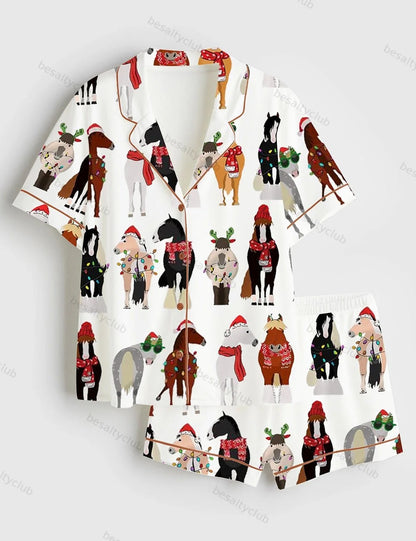 Funny Horse Christmas Short Sleeve Satin Pajama Set