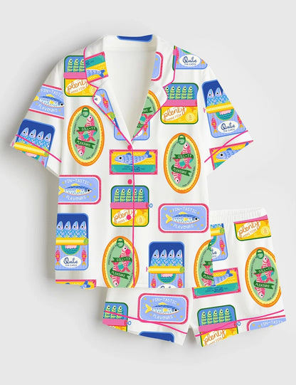 Women’s Sardinetin Sardine Art Print Short Sleeve Satin Pajama Set