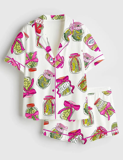 Women’s Pickle Lover Pink Bows Short Sleeve Satin Pajama Set
