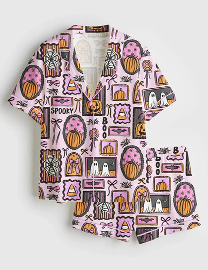 Women’s Trendy Spooky Frames Halloween Pumpkin Ghost Girly Spooky Patchwork Print Short Sleeve Satin Pajama Set
