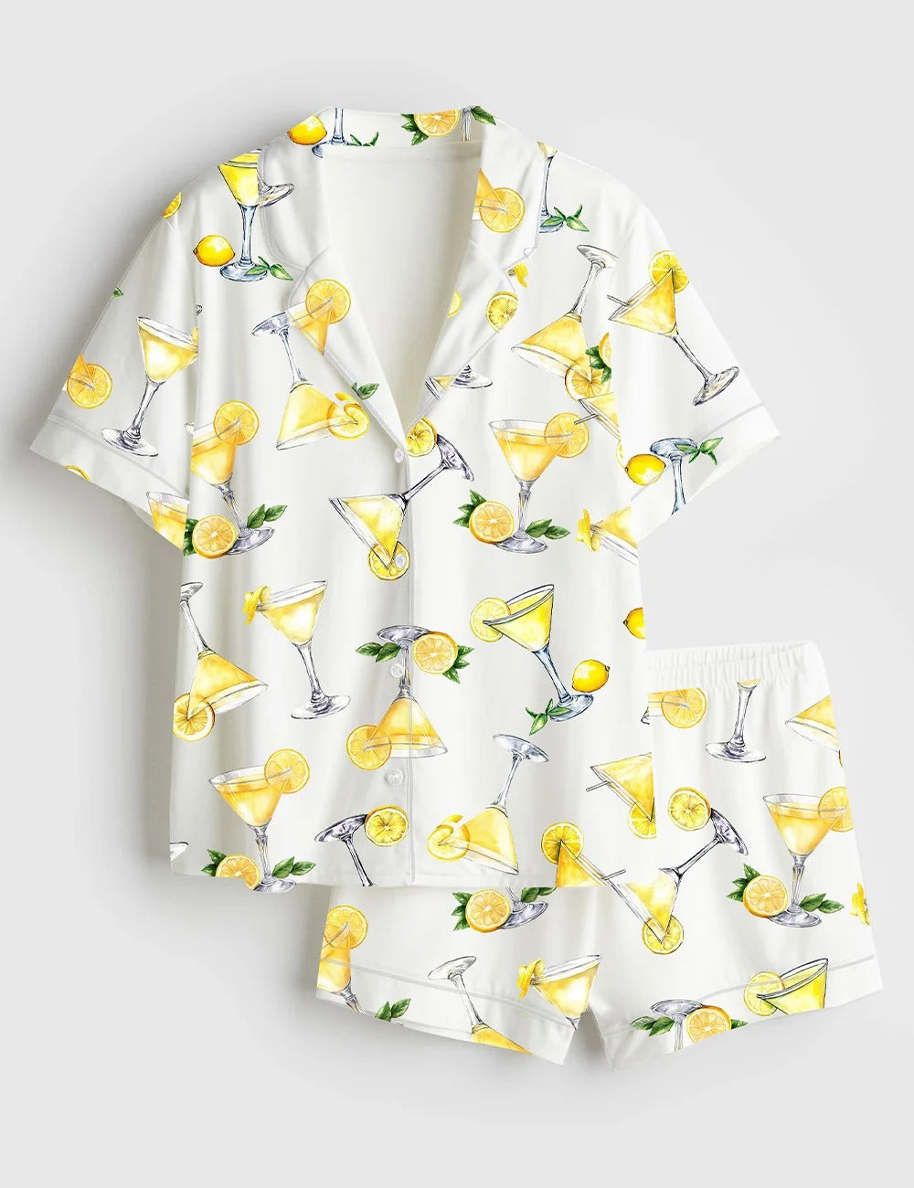Women’s Lemon Drop Martini Watercolor Cocktail Beverage Alcohol Wedding Clipart Margarita Short Sleeve Satin Pajama Set