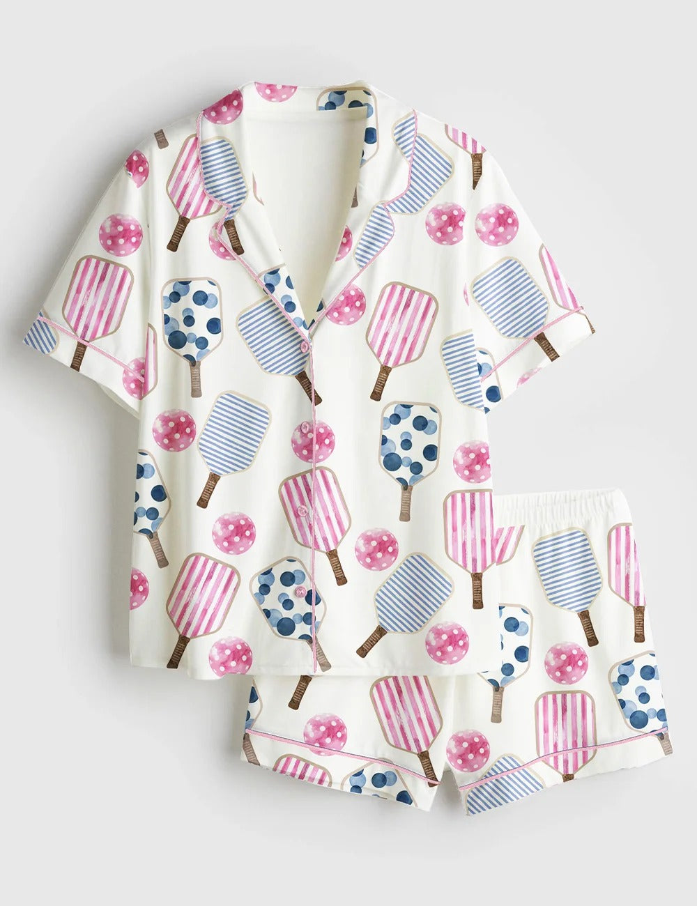 Women’s Watercolor Stripes Pink And Blue Pickleball Paddle And Ball Short Sleeve Satin Pajama Set