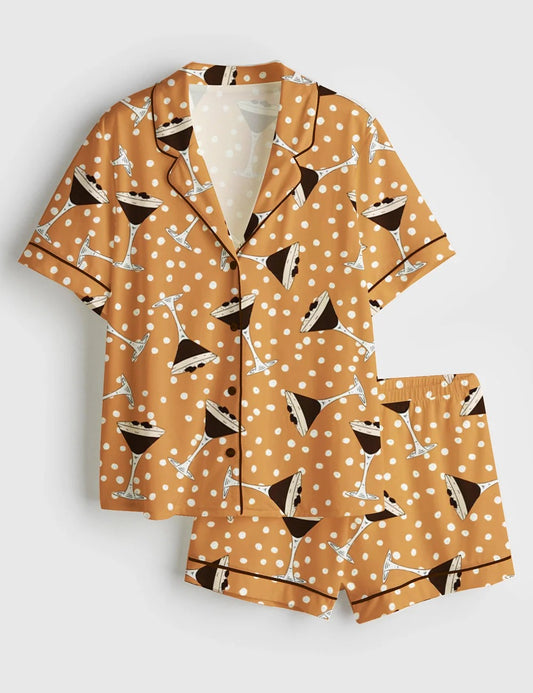Women's Polka Dots Espresso Martini Party Short Sleeve Satin Pajama Set