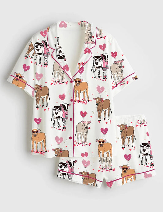 Women's Highland Cow Western Valentines Day Short Sleeve Satin Pajama Set