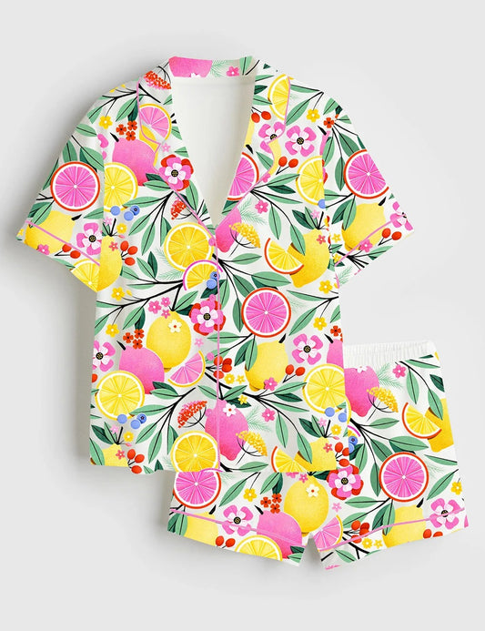 Women's Pink Lemonade Floral Short Sleeve Satin Pajama Set
