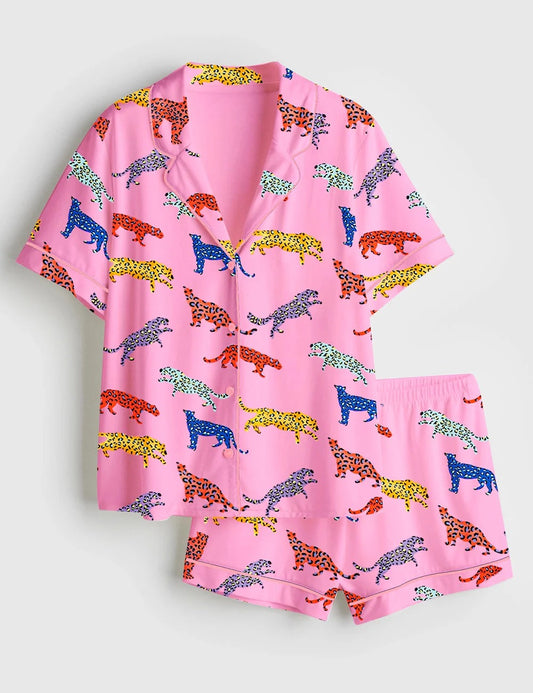 Women's Pink Cheetah Print Short Sleeve Satin Pajama Set