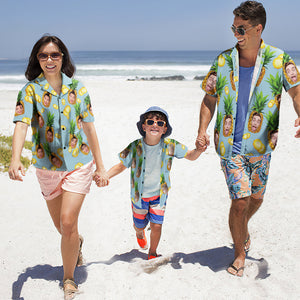 Custom Photo Hawaiian Shirt Couple Outfit Parent-child Wears Personalised Face Hawaiian Shirt Gift Big Pineapple