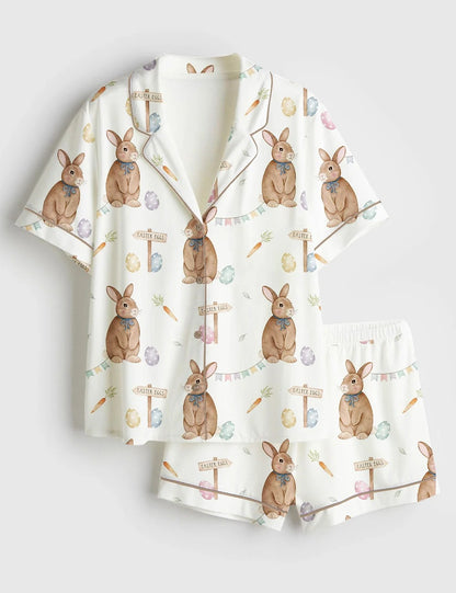 Women's Easter Bunny Short Sleeve Satin Pajama Set