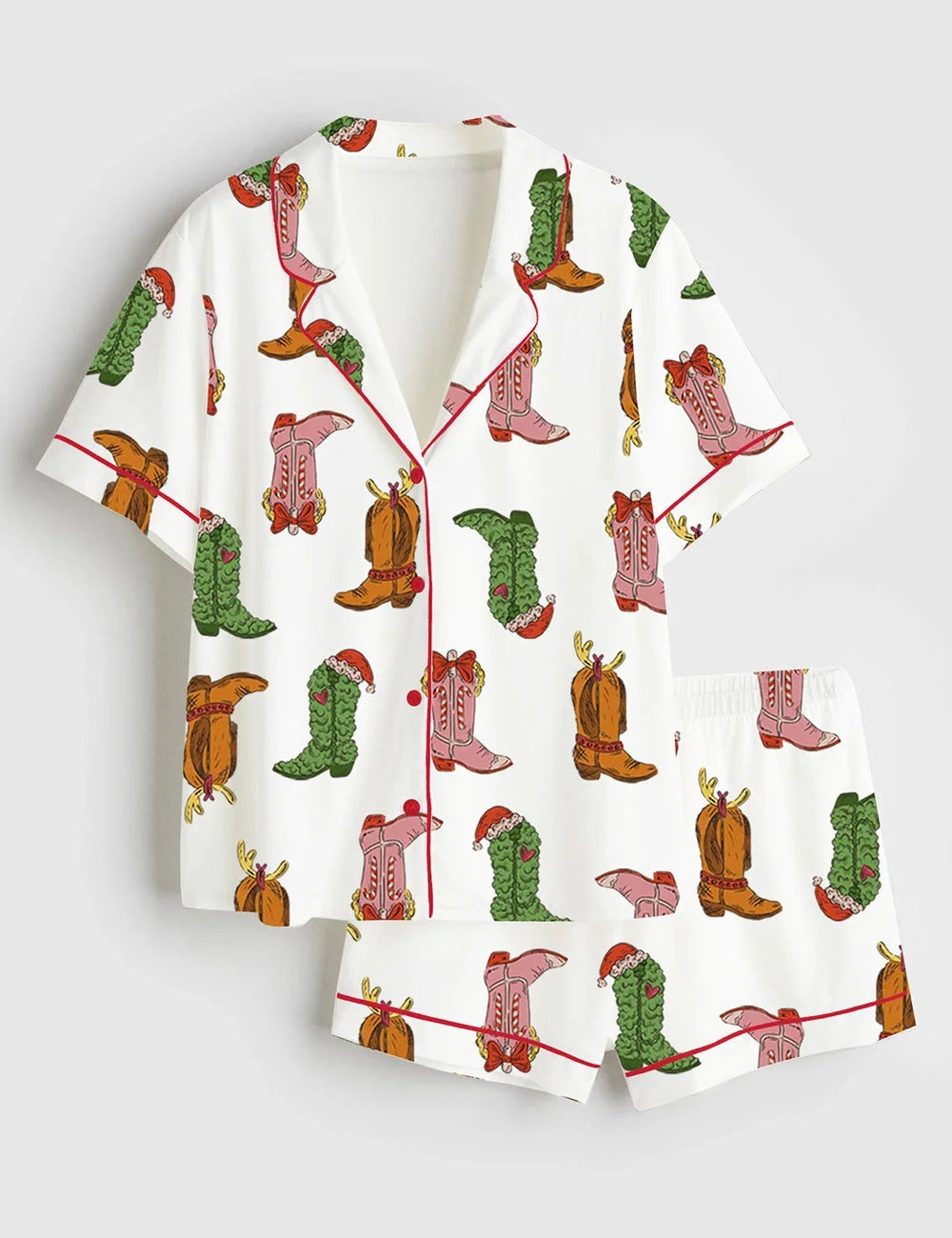 Women's Western Grinch Cowboy Boots Christmas Short Sleeve Satin Pajama Set