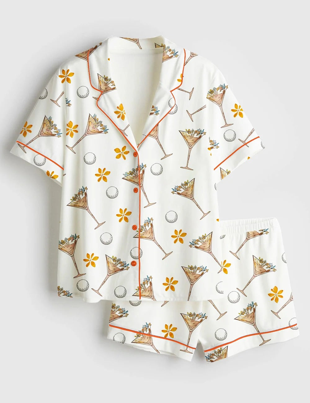 Women’s Golf Girl Golf Lover Martini Golf Print Short Sleeve Satin Pajama Set