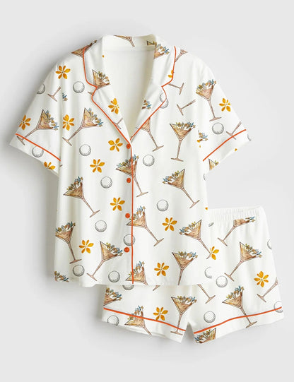Women’s Golf Girl Golf Lover Martini Golf Print Short Sleeve Satin Pajama Set