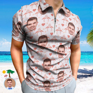 Custom Flamingo Love Men's Polo Shirt Personalized Face Funny Polo Shirt with Zipper