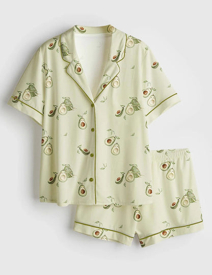 Women’s Cute Avocado Fruit Short Sleeve Satin Pajama Set