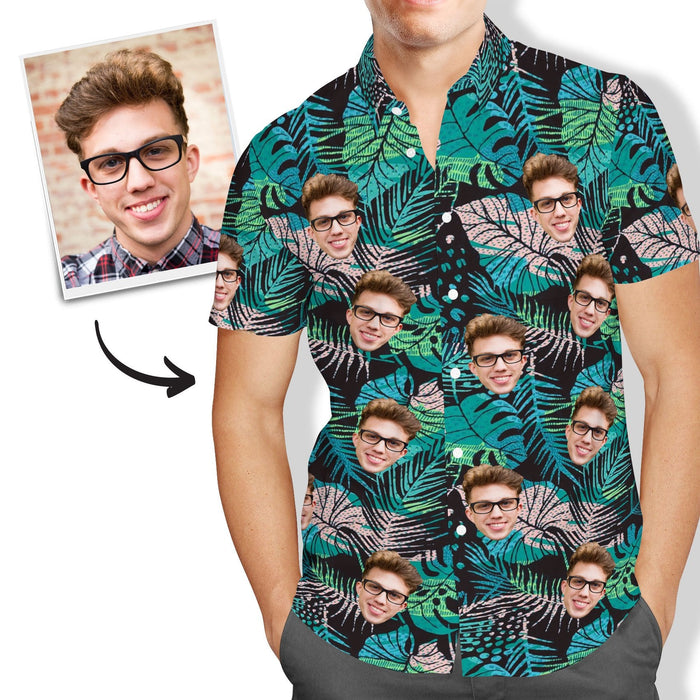 Custom Face Hawaiian Shirt Men's All Over Print Large Leaves Short Sleeve Shirt