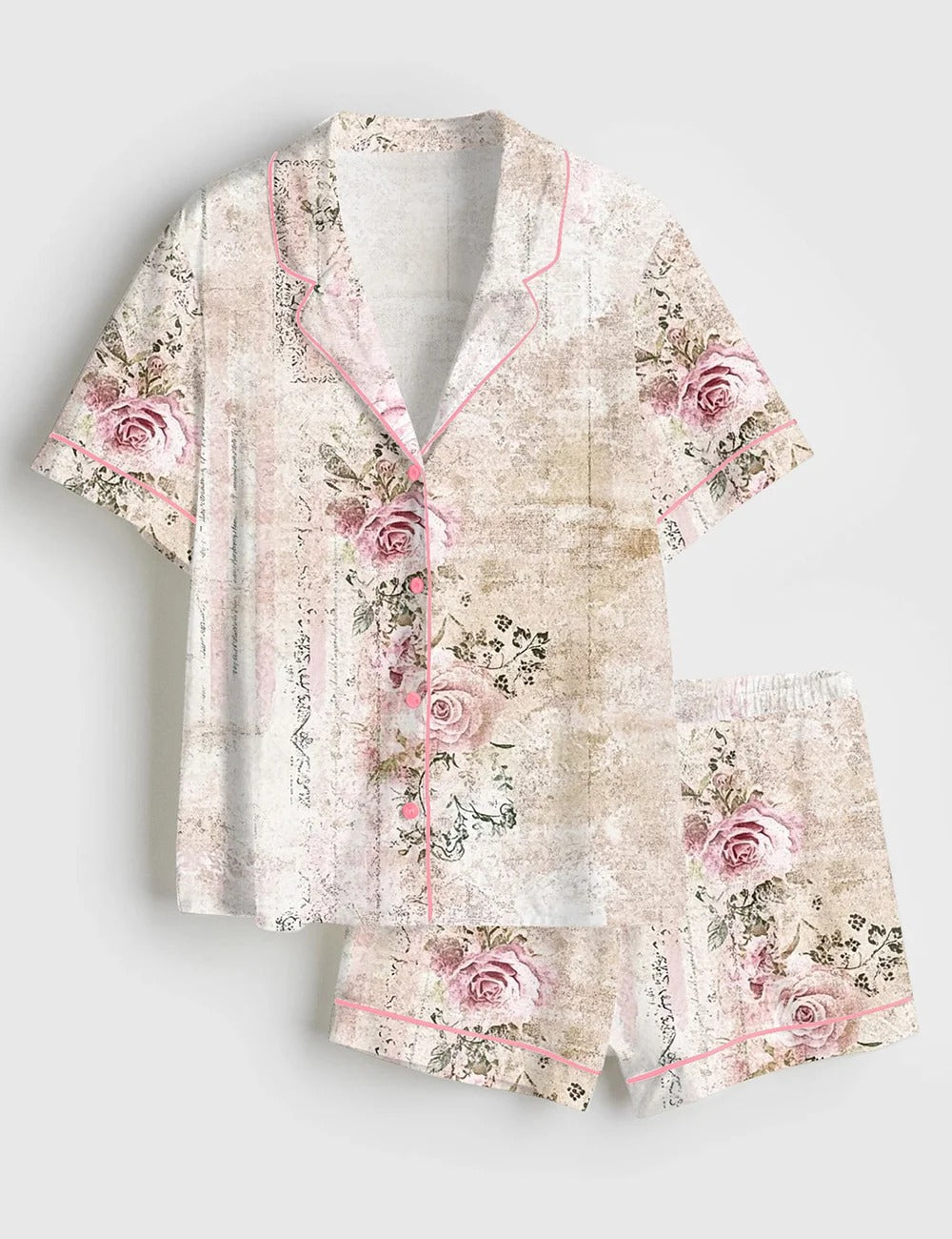 Women’s Vintage Floral Pink Rose Print Short Sleeve Satin Pajama Set