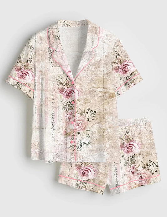 Women’s Vintage Floral Pink Rose Print Short Sleeve Satin Pajama Set