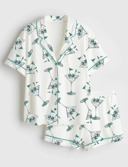 Women’s Golf Martini Augusta Masters Golf Tournament Preppy Cocktails Print Short Sleeve Satin Pajama Set