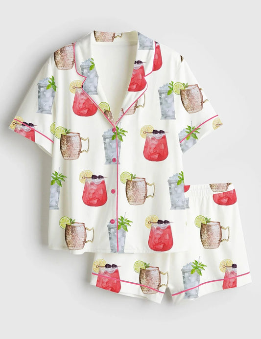 Women’s Kentucky Derby 2025 Drink Sign Oaks Lily Cocktails Sign Print Short Sleeve Satin Pajama Set