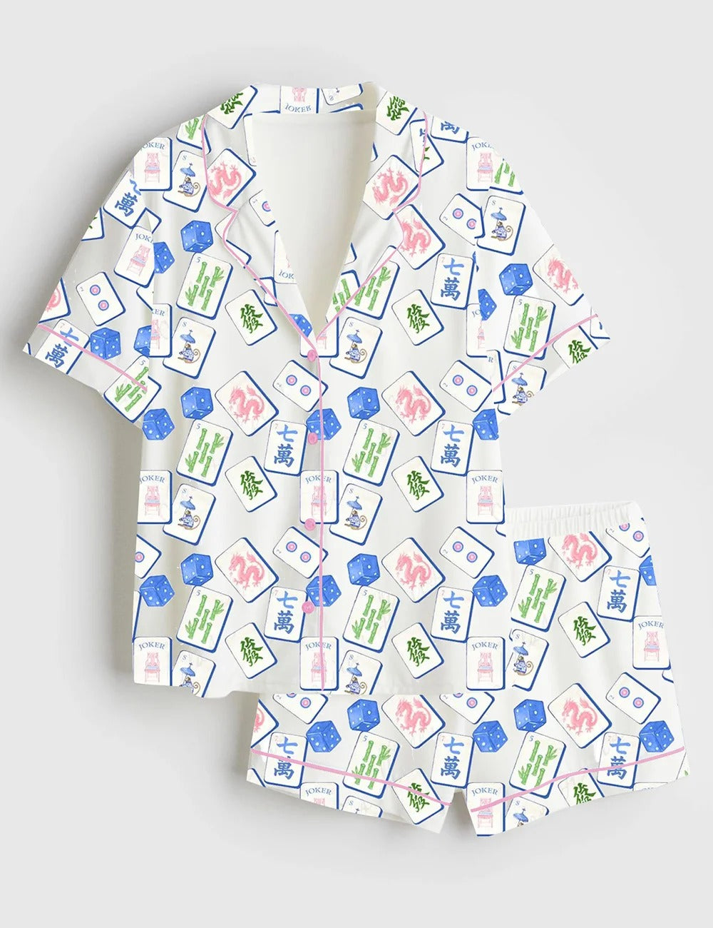 Women’s Mahjong Set Chinoiserie Blue Watercolor Chinoiserie Grand Millennial Wedding Print Short Sleeve Satin Pajama Set