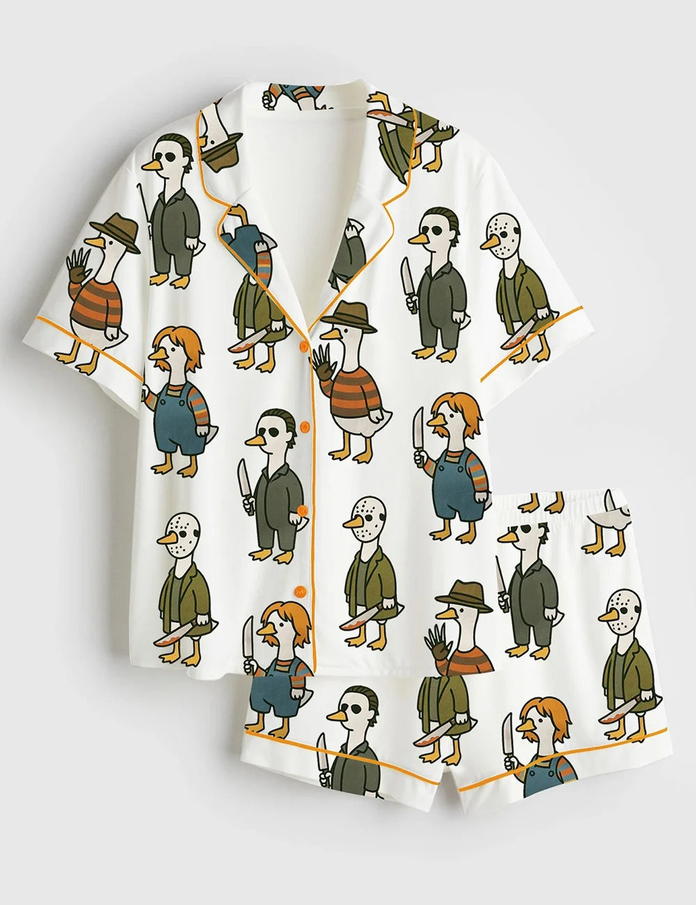 Women’s Just A Horror Goose Halloween Silly Goose Horror Movie Print Short Sleeve Satin Pajama Set