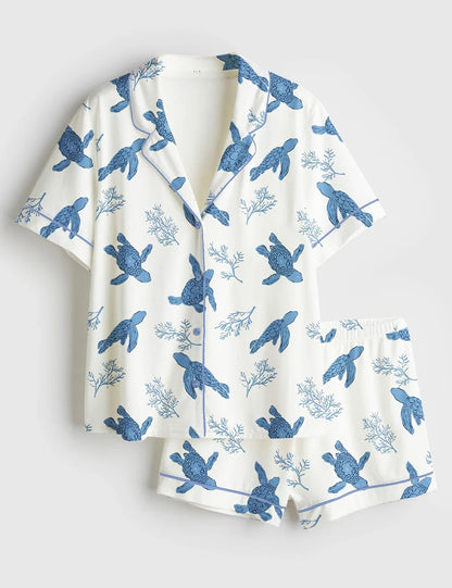 Women’s Sea Turtles Coastal Design Short Sleeve Satin Pajama Set