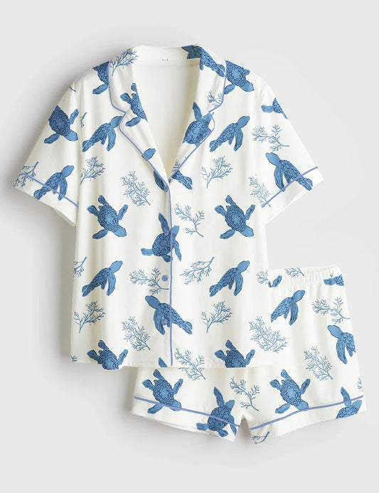Women’s Sea Turtles Coastal Design Short Sleeve Satin Pajama Set
