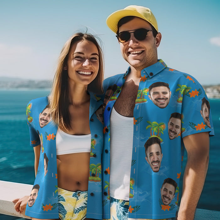 Custom Photo Hawaiian Shirt Beach Vacation Couple Wears Popular All Over Print Hawaiian Beach Shirt Holiday Gift Blue