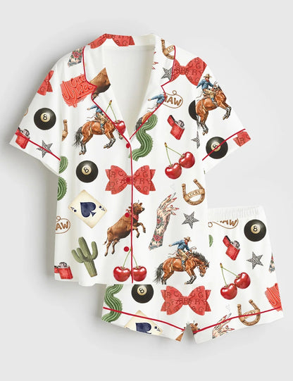 Women's Western Cowgirl Short Sleeve Satin Pajama Set