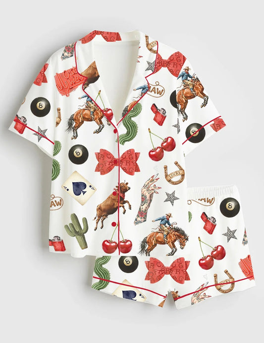 Women's Western Cowgirl Short Sleeve Satin Pajama Set