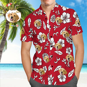 Custom Hawaiian Shirt with Pet Face Custom Tropical Hawaiian Shirt Red Button Down Shirts