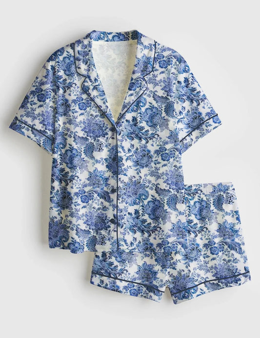 Women's Rose To Fame Blue & White Floral Short Sleeve Satin Pajama Set