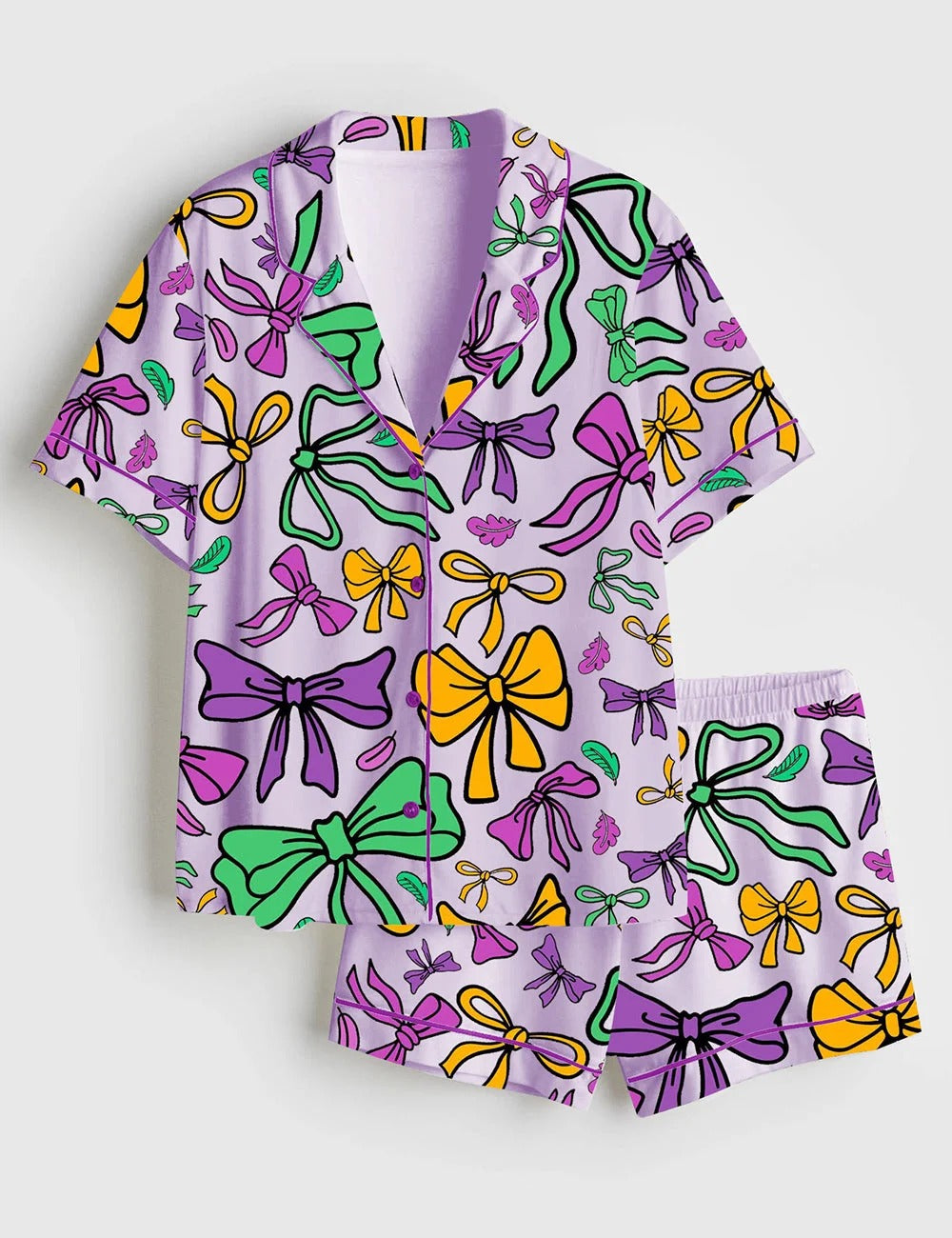 Women's Louisiana Mardi Gras Coquette Short Sleeve Satin Pajama Set