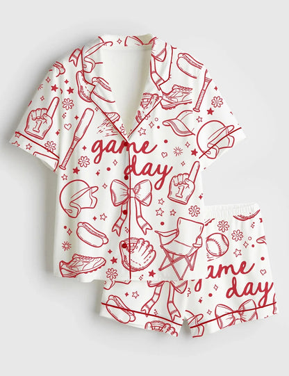 Women’s Baseball Game Day Coquette Hand Drawn Doodle Print Short Sleeve Satin Pajama Set