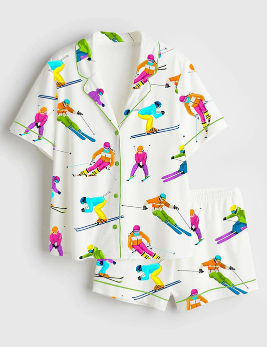 Women's Skiing Life Satin Short Sleeve Pajama Set