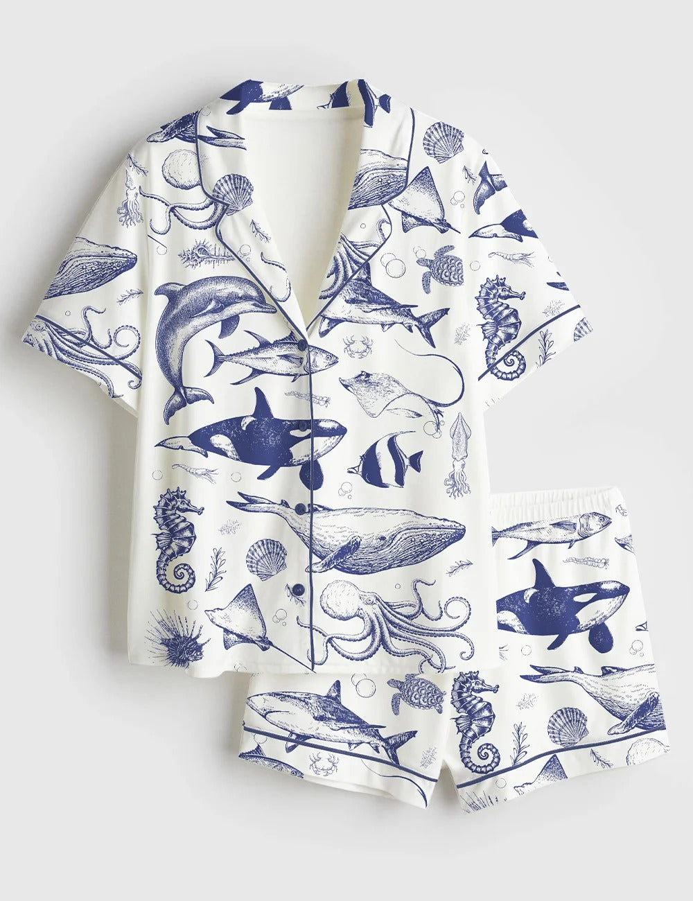 Women’s Ocean Nature Vintage 90s Tattoo Sea Animal Print Short Sleeve Satin Pajama Set