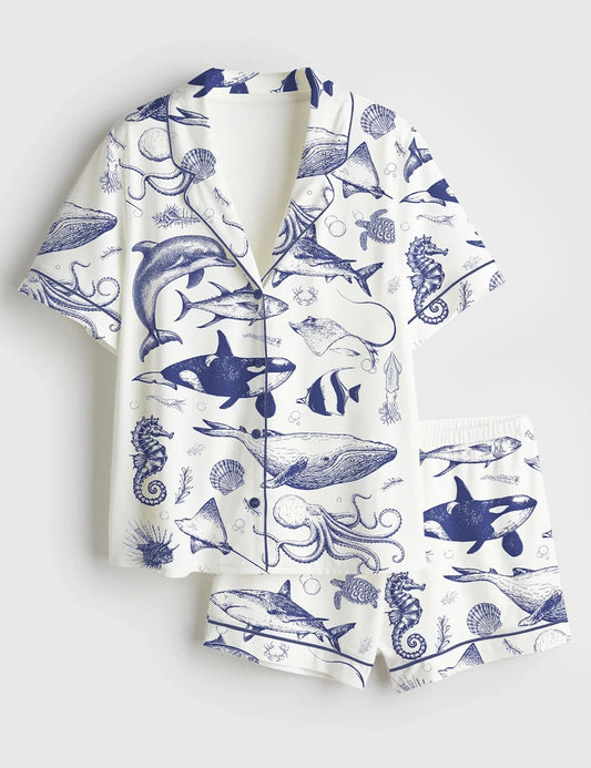 Women’s Ocean Nature Vintage 90s Tattoo Sea Animal Print Short Sleeve Satin Pajama Set