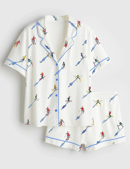 Women’s Apres Ski Mini Skier Minimalist Watercolor Ski Print Short Sleeve Satin Pajama Set