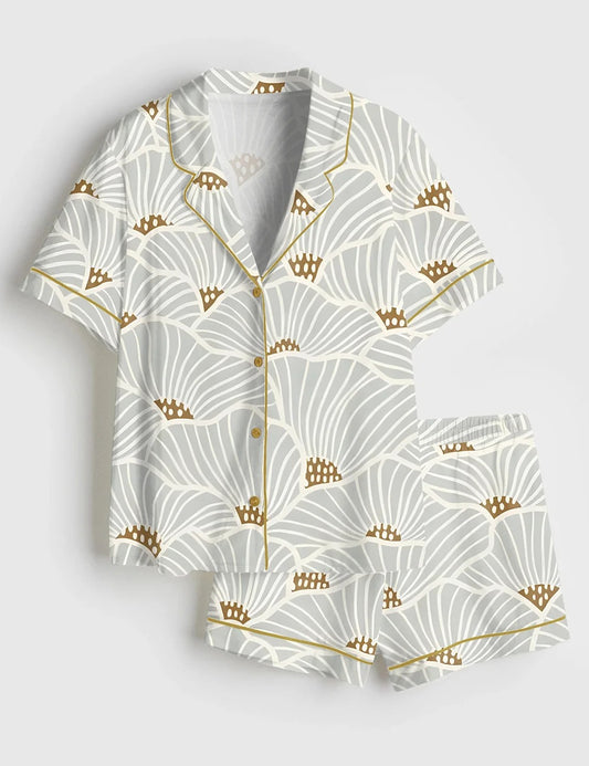 Women’s Neutral Flowers Modern Geometric Soft Lines Art Print Short Sleeve Satin Pajama Set