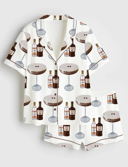 Women's Espresso Martini Cocktail Bar Short Sleeve Satin Pajama Set