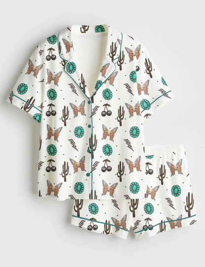 Women's Western Cowgirl Pattern Short Sleeve Satin Pajama Set
