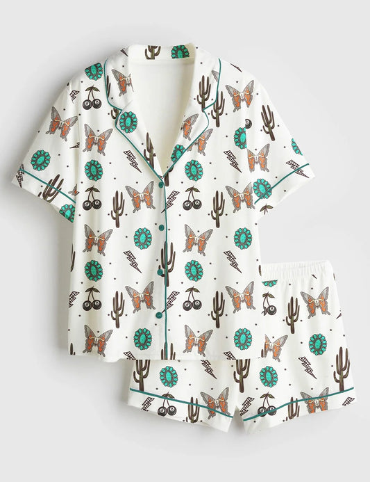 Women's Western Cowgirl Pattern Short Sleeve Satin Pajama Set