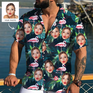 Custom Face All Over Print Hawaiian Shirt Flamingo Flowers And Leaves