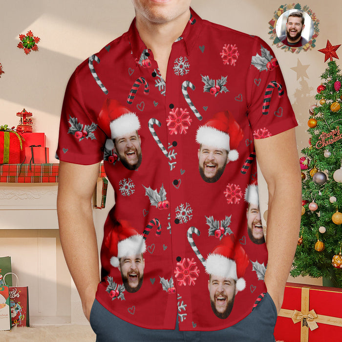 Custom Face Hawaiian Shirt Personalized Photo Christmas Shirts With Candy Canes For Men