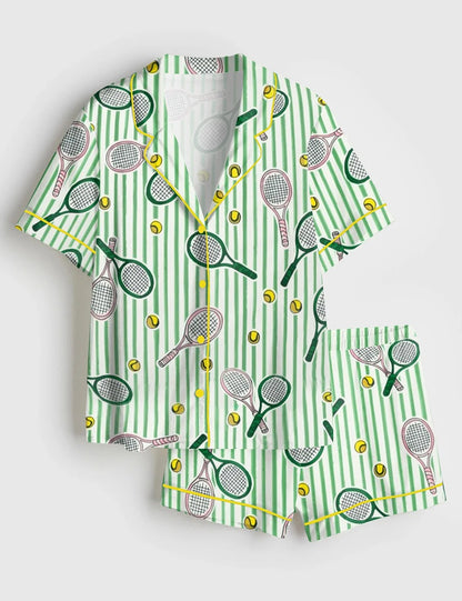 Women’s Let's Play Tennis Green and Pink Short Sleeve Satin Pajama Set
